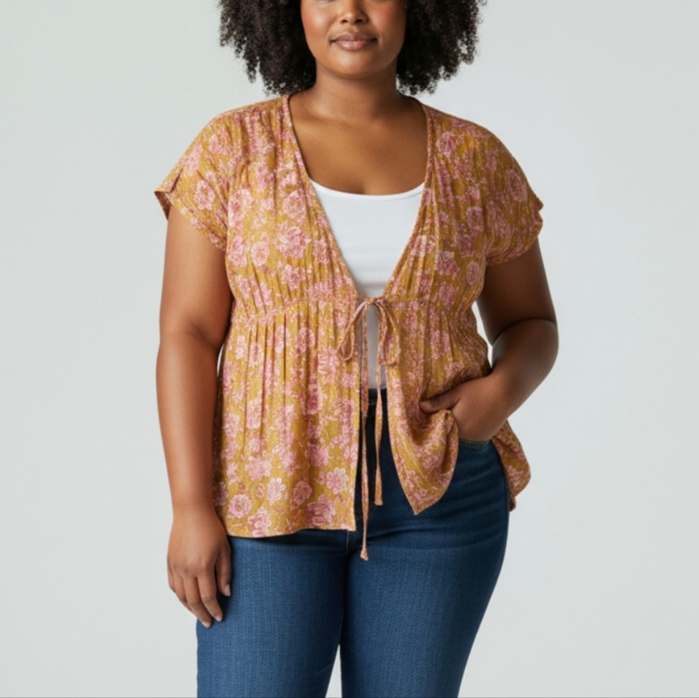 Maurices Tie Front Floral Kimono Top In Mustard/ Pink Combo Size 2X